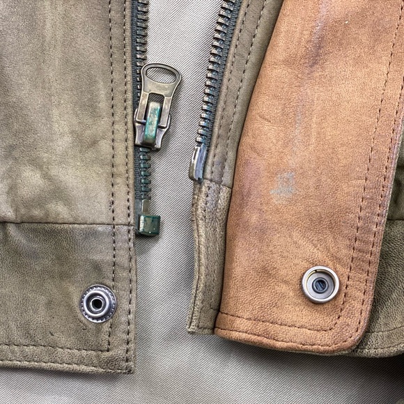 McKenzie Tribe Leather Bomber Jacket Brown Tan Men’s L Hidden Hood Zip Up - Picture 13 of 16